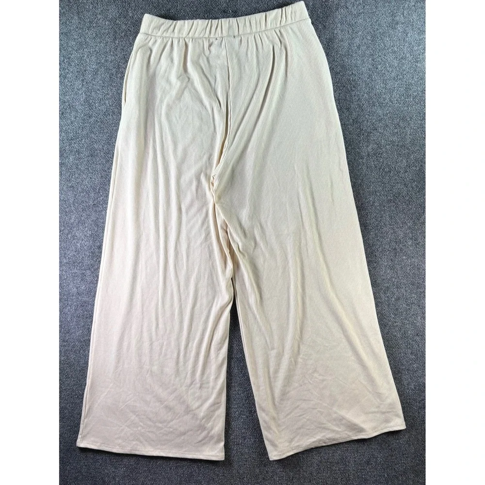 Lala Wide Leg Ribbed Knit Pants Womens XL Cream Beige Elastic Waist Casual